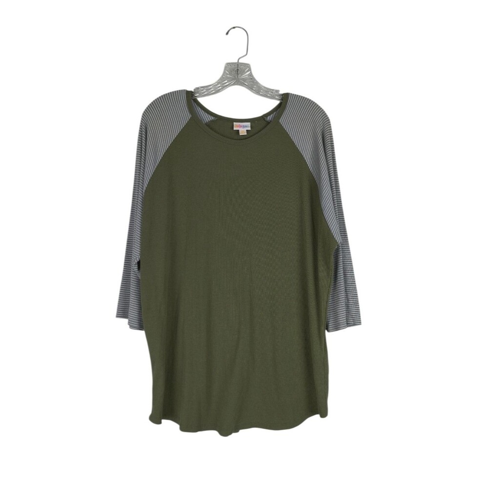 Lularoe Randy Tshirt Women's 3X Olive Green Raglan Striped 3/4 Sleeves Ribbed